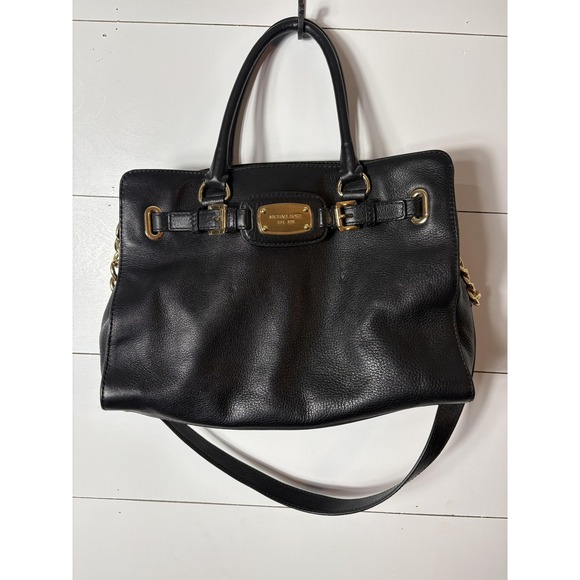 Michael Kors Satchel Bag Womens Black Pebbled Leather Gold Hardware Large Purse - Picture 1 of 6